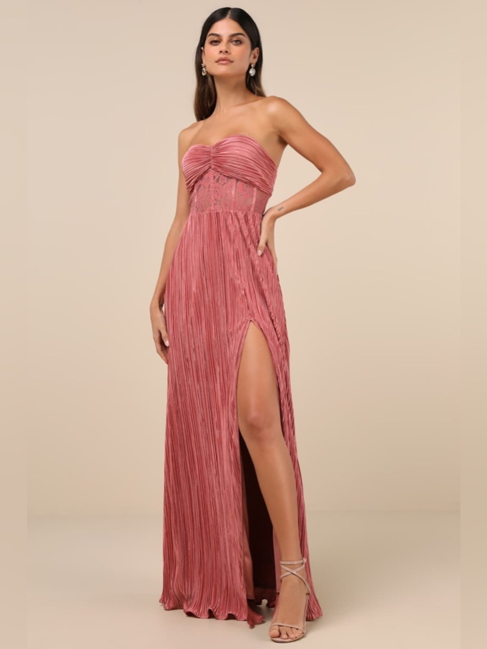 LULU’S Desme Rose Pink Satin Plisse Strapless Maxi Dress - Picture 3 of 5